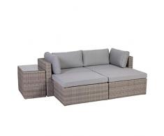 greemotion Lounge Giardino Palma, Set mobili Giardino polyrattan 2 poltrone angolari 2 sgabelli e Tavolo con Piano in Vetro temperato con Cuscini, Grigio