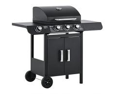 Outsunny Barbecue a Gas con Coperchio, 4 Bruciatori Totali da 11.6kW e Termometro, Fornello Laterale, Mensola e 2 Ruote, 110x50x100cm Nero