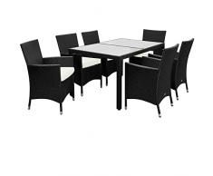 CASARIA Salottino in Polyrattan Set Mobili Giardino 6 Sedie Impilabili Cuscini 7cm Tavolo 150x90cm