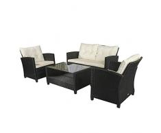 Outsunny Set Mobili da Giardino 4 Pezzi in Rattan PE e Tavolino, Divano e Poltrone Imbottiti Nero e Beige 124x68x76cm