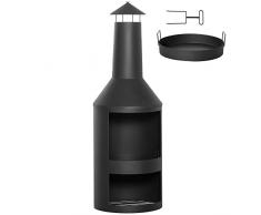 Outsunny Braciere da Giardino in Metallo, Camino da Esterno con Porta Legna e Attizzatoio, Φ44.5x133cm, Nero