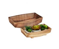 Relaxdays Vasi in Legno, Set 2x Vaschette in Effetto Bruciato, Decorazione da Giardino, Centrotavola, Fioriera, Naturale