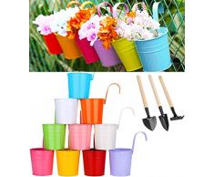 10 Vasi Portafiori Pensili, Zodight Vasi di Fiori in Metallo, 10 Colori Vasi da Appendere, con Foro di Drenaggio, Gancio Rimovibile, per Balcone, Recinzione, Giardino( Dai una piccola pala)