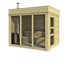 Sauna CUBE finlandese da esterno fino a 8 persone 3x2 con stufa elettrica e spogliatoio, in abete di qualità