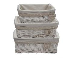 Virsus Set di 3 Cesti in Vimini portaoggetti impilabili 673, misure 40x30x15 cm, 30x20x13 cm, 35x25x14 cm, con fodera in Tessuto, cesto intrecciato organizer per bagno, dispensa, Bianco con Cuore