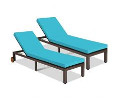 ZTTTD 2 pz. Patio Rattan Lounge Chair Chaise Recliner Back Regolabile Ammortizzato con Ruote (Color : Blue,White, Size : Taglia Unica)
