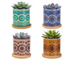 Danolt Vasi per Piante in Ceramica 4 Pezzi Mandala con Vassoio in bambù e Foro di drenaggio per Interni e Esterni per Piante
