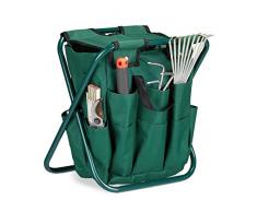 Relaxdays Sgabello con Portautensili da Giardino, Contenitore Accessori Giardinaggio, Pieghevole, 42 x 30 x 39 cm, Verde, Poliestere, Acciaio, 1 pz