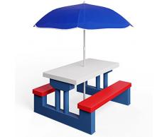 Spielwerk Set Picnic Tavolo e 2 Panche da Gioco per Bambini Ombrellone Mobili Bimbi Giardino Casa