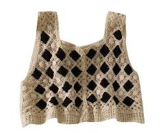 Gilet da donna lavorato alluncinetto senza maniche con bottoni, lavorato a maglia, motivo a rombi, plaid