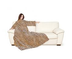 Kanguru Coperta con le maniche in morbido pile. Plaid in soffice e calda microfibra, con tasca, ideale per regalo Natale o per comodo relax sul divano, TV, in casa DELUXE LEOPARDATO 140 x 210 cm