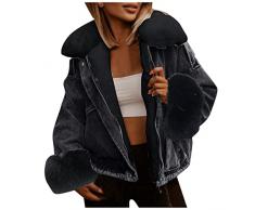 Cappotto da donna caldo ispessito Cappotto invernale in felpa a maniche lunghe foderato in pile con collo a bavero Giacca di jeans tinta unita con tasche Trapuntino Leggero