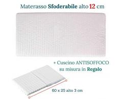 EVERGREENWEB - Materasso per Bambini 60x120 alto 12cm Lettino o Culla + Cuscino ANTISOFFOCO GRATIS con Fodera Bianca in Cotone 100% Naturale Rivestimento Tessuto Sfoderabile Anallergico Lavabile SYMBA