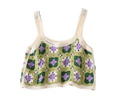 Myazs Donne Etnico Uncinetto Senza Maniche Gilet Scoop Neck Colore Contrasto A Scacchi Plaid Floreale Sciolto Spiaggia Canotta Crop per Canotta alluncinetto Canotta per le donne corta