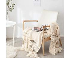 LIYACK Coperta da Plaid Lavorata A Maglia, Coperta in Maglia di Cotone Super Morbida Lavorata allUncinetto Coperta con Nappe, 100% Cotone Organico, per Divano Letto Divano Soggiorno,Beige