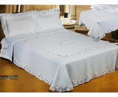 Coordinato COPRILETTO,Lenzuola E TOVAGLIA X12 in Puro Lino con Ricamo Intaglio A Mano.SCONTATO del 50%
