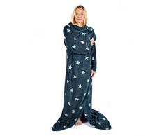 Pink Papaya Snug Me Deluxe, Coperta da Divano con Maniche e Tasche Extra Sia Davanti Che per i Piedi, 190 cm x 180 cm, Coperta Plaid in Pile Coral 220 g/m² - Antracite Stelle