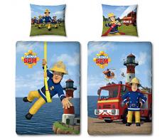 Character World - Biancheria da letto double-face, 100 x 135 cm, 60 x 40 cm, 100% cotone Linon, con chiusura lampo, 2 motivi di Sam il pompiere