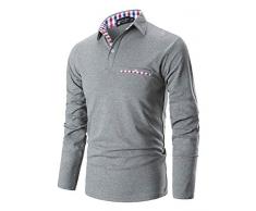 STTLZMC Uomo Plaid Polo Maniche Lunghe Basic Maglie Golf Casual T-Shirt Gentiluomo S-XXL,Grigio,L