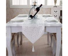 Deggodech Runner da Tavolo Moderno Bianco Elegante Runner Tavola con Strass e Nappe Table Runner per Matrimonio Natale del Ringraziamento Decorazione della Tavola (Bianco, 33x185cm)