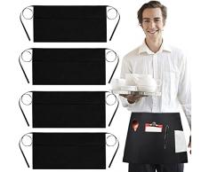 DECARETA 4 Pz Grembiule Corto Nero Grembiule Cameriere Mezzo Grembiuli da Cucina Eleganti con 3 Tasche Grembiule per Uomo Donna per Caffetteria, Panetteria, Ristorante, Bar, Cucina (60 * 30 CM)