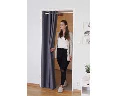tinycurtains, tenda per porta o armadio con asta telescopica, facile da installare in 1 solo minuto senza forare (tenda grigio + asta dargento, larghezza porta 55-90 cm)