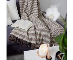 LINEN & COTTON Plaid Copriletto Coperta Accogliente Melody - 100% Pura Lana Neozelandese, Marrone Naturale Bianco (140 x 200 cm) per Divano Soggiorno Letto Singolo Matrimoniale per Autunno Inverno