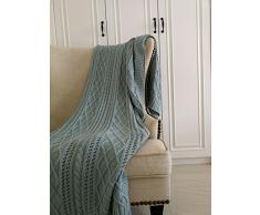 Diamante e Twist cavo maglieria maglione in cotone lavorato a maglia coperta, divano/letto/divano copertura, 100%_cotone/cotone, Blue, Size: 153x127cm