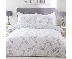 Sleepdown Trailing Leaf Floral Grey White Reversibile Soft Easy Care - Set di biancheria da letto con federe per letto matrimoniale (200 x 200 cm)