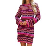 Generico Abito maglione da donna Abito maglione casual a righe arcobaleno a maniche lunghe alluncinetto a righe scavate Piumino Colorato