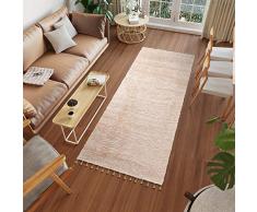 TAPISO Versay Tappeto Passatoia Etnico Corridoio Camera da Letto Moderno Salone Beige Peloso Shaggy Pelo Lungo Tinta Unita Frange 70 x 400 cm