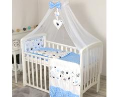 PRO COSMO 9 Pezzi set biancheria bebè da letto per lettino culla Cuscino Organizzatore Baldacchino Piumino Copripiumino (120 x 90 cm, Blu Corona Punti)