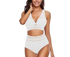 TWIOIOVE Piumino Costumi da Bagno Bikini da Donna con Due V in Pizzo, con Collo, allUncinetto, con Collo in Vita Due Pezzi Mare