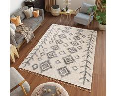 TAPISO Versay Fringes Tappeto Peloso Shaggy Morbido Camera da Letto Salotto Sala Moderno Soggiorno Scendiletto Cream Grigio Etnico Boho Frange 120 x 170 cm