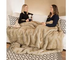 Lussuosa coperta coccolosa in 2 colori, dimensione della coperta di pelliccia 150x175cm, esterno in finta pelliccia interno in pile coccoloso, coperta di pelliccia sintetica nel colore: Cappucino
