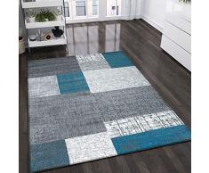 VIMODA - Tappeto dal Design a Pelo Corto Turchese, Grigio e Bianco con Effetto mattonelle, di Facile Manutenzione, Dimensioni: 80 x 150 cm