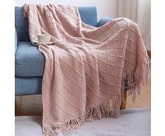 LumiSyne Coperta a Maglia Sfrangiata Tinta Unita Plaid Calda Coperte In Maglia Copriletto a Maglia Coperta Da Tiro Adatto Per Letto o Divano 130x170cm