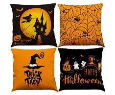 BINXWA 4 pezzi copricuscino halloween, arancione e nero halloween decorazione giardino copricuscino Happy Halloween cotone lino copricuscino 45x45cm