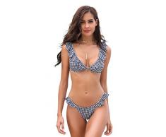 SHEKINI Costume da Bagno Donna Sexy V Profonda Bikini Imbottito Swimsuit Halter Brasiliano Cute Beachwear Ruffles Flounce Regolabile Costumi da Bagno Due Pezzi Mare e Piscina (X-Large, Plaid Nero)