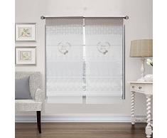 Coppia Tendine Finestra Shabby Chic Cuore in Tessuto Ricamata Sweet Home, Tenda 60x240cm 3D Fiocco Beige Bianco