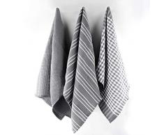Asciugamani in Cotone - Strofinacci da Cucina a Quadretti & Righe - Set di 3 Asciugamano da tè 43×65cm Super Assorbenti Tovaglioli da Cucina, Strofinacci Panni da Cucina-Grigio