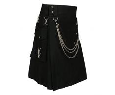 Militare Wedding Utility Kilt tradizionale scozzese scozzese Plaid Kilt Casual Party Kilt Gotico Cargo Gonna Pieghe Cinghie di Pelle da Uomo Kilt Tasca Cavaliere Gonna, Nero , XXXL