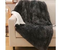 EMME Coperta in Pelliccia Sintetica Soffice Coperta, Super Morbida, Spessa ed Elegante, Coperta a Pelo Lungo, Calda Coperta Soffice Reversibile per Divano e Letto (Grigio Scuro, 130 x 150 cm)