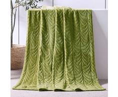 Yebeda Coperta in pile con motivo foglie, 130 x 150 cm, colore verde oliva, calda coperta in pile – super morbida, morbida e piacevole coperta in microfibra di flanella, adatta per ogni stagione