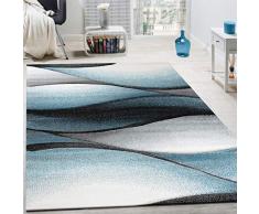 Paco Home Tappeto di Design Moderno Astratto Effetto Onde Taglio Sagomato Grigio Turchese, Dimensione:80x150 cm