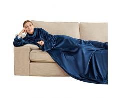 Bedsure Coperta Pile Con Le Maniche -Coperta Indossabile 170x200 Blu Navy, Plaid Flanella DIvano con Le maniche Morido e Caldo in Microfibra