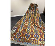 Tappeto Afghan Kilim (292 cm x 205 cm) - Tessuto a mano, vibrante, reversibile, geometrico, tribale, fatto a mano con coloranti vegetali