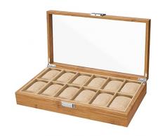 READAEER Scatola porta orologio, custodia in legno di bambù massiccio strutturato MDF, custodia antipolvere con finestra di visualizzazione in vetro trasparente, cuscino ed elegante clip di bloccaggio