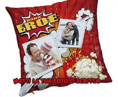 CUSCINO PERSONALIZZATO PERSONALIZZABILE STAMPA FOTO FESTA DEL PAPA' HERO EROE CARTOON ROSSO BIANCO