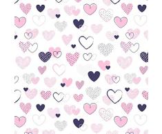 Stoffa, 100% cotone, motivo: cuori, per bambini, vendita al metro, per lavori di cucito artigianali (cuore, rosa, fucsia, blu, 200 x 160 cm)